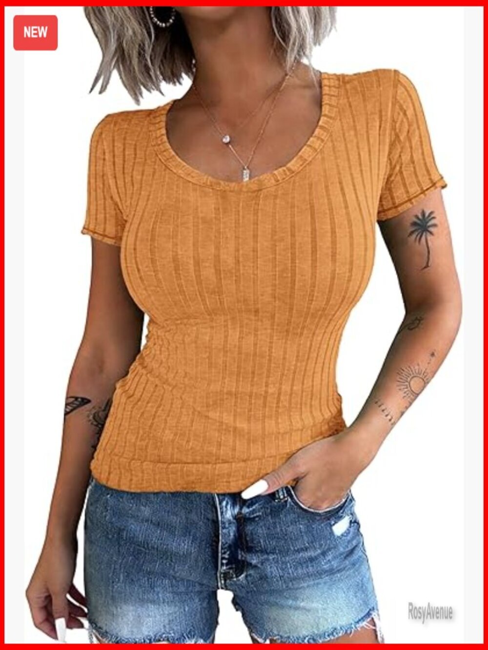 Lightweight Ribbed Knit Scoop Neck Tee Short Sleeve Slim Fit Summer Top